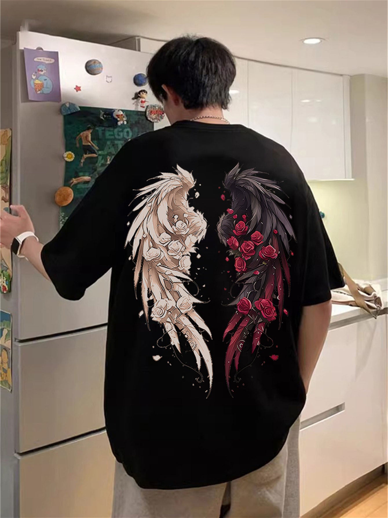 Men's Wing Pattern Printed T-shirt, Casual Short Sleeved Round Neck T-shirt, Summer Outdoor Men's Clothing