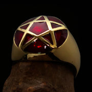 Perfectly domed Men's Solid Line Pentagram Ring Red - Brass