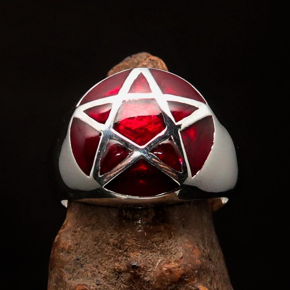 Perfectly domed Men's Solid Line Pentagram Ring Red - Sterling Silver