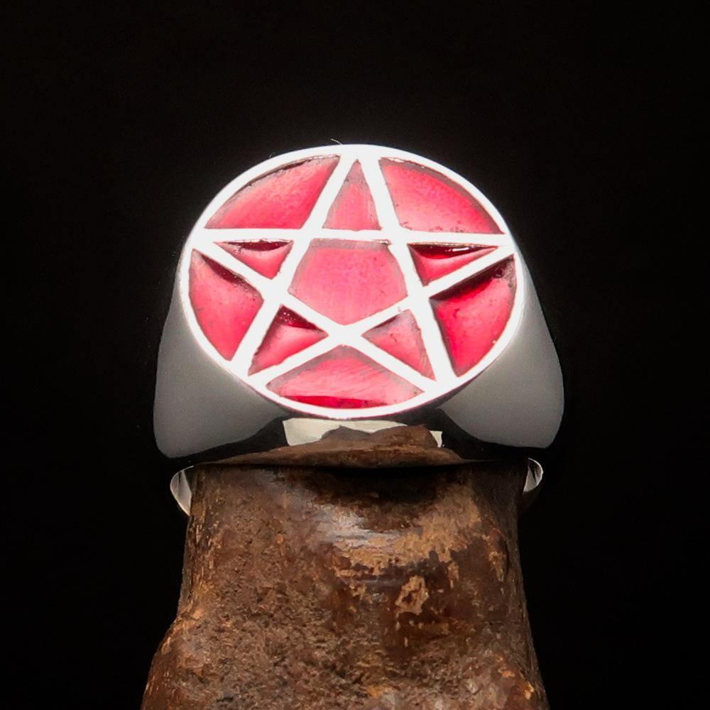 Perfectly crafted Men's Solid Line Pentagram Ring red - Sterling Silver