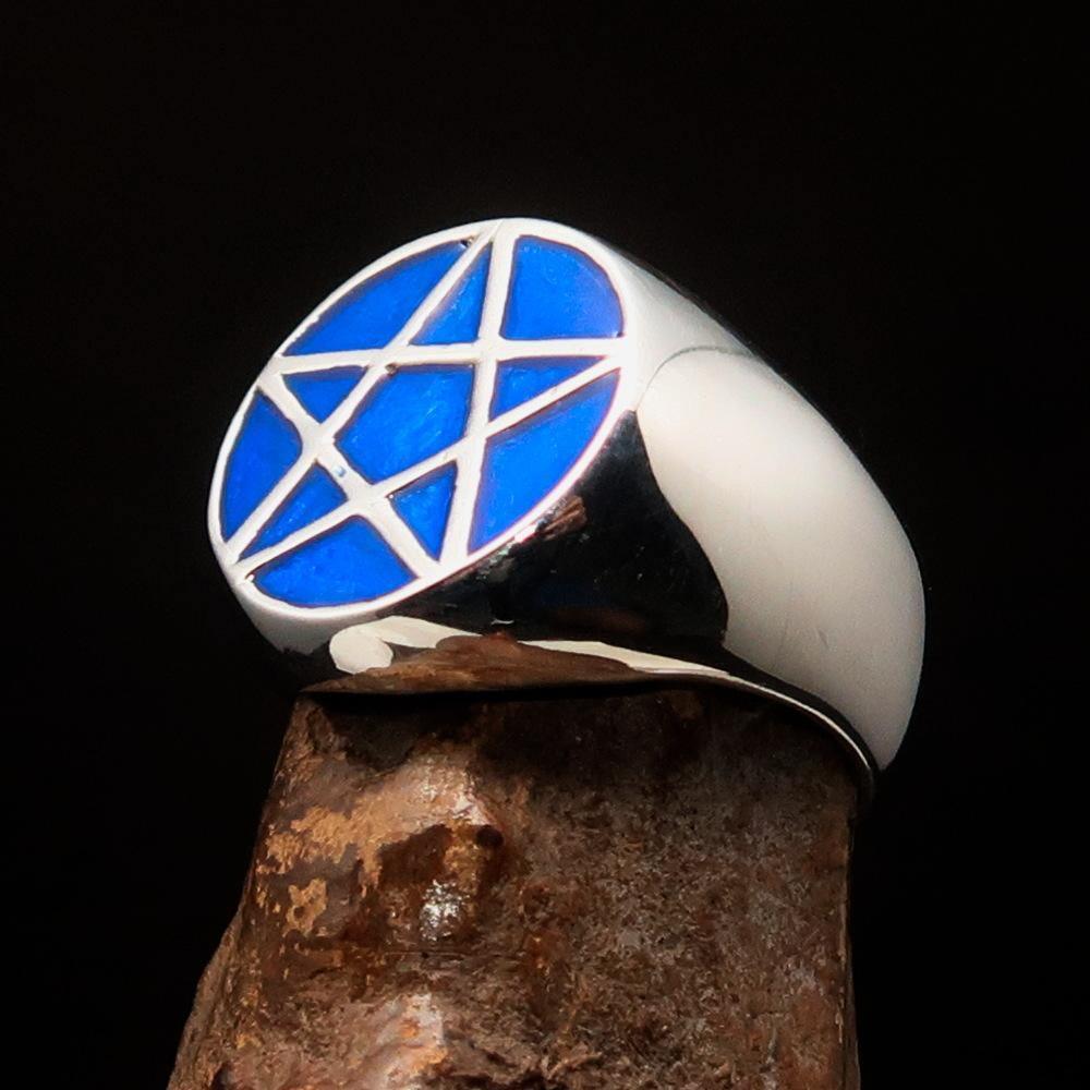 Perfectly crafted Men's Solid Line Pentagram Ring Blue - Sterling Silver