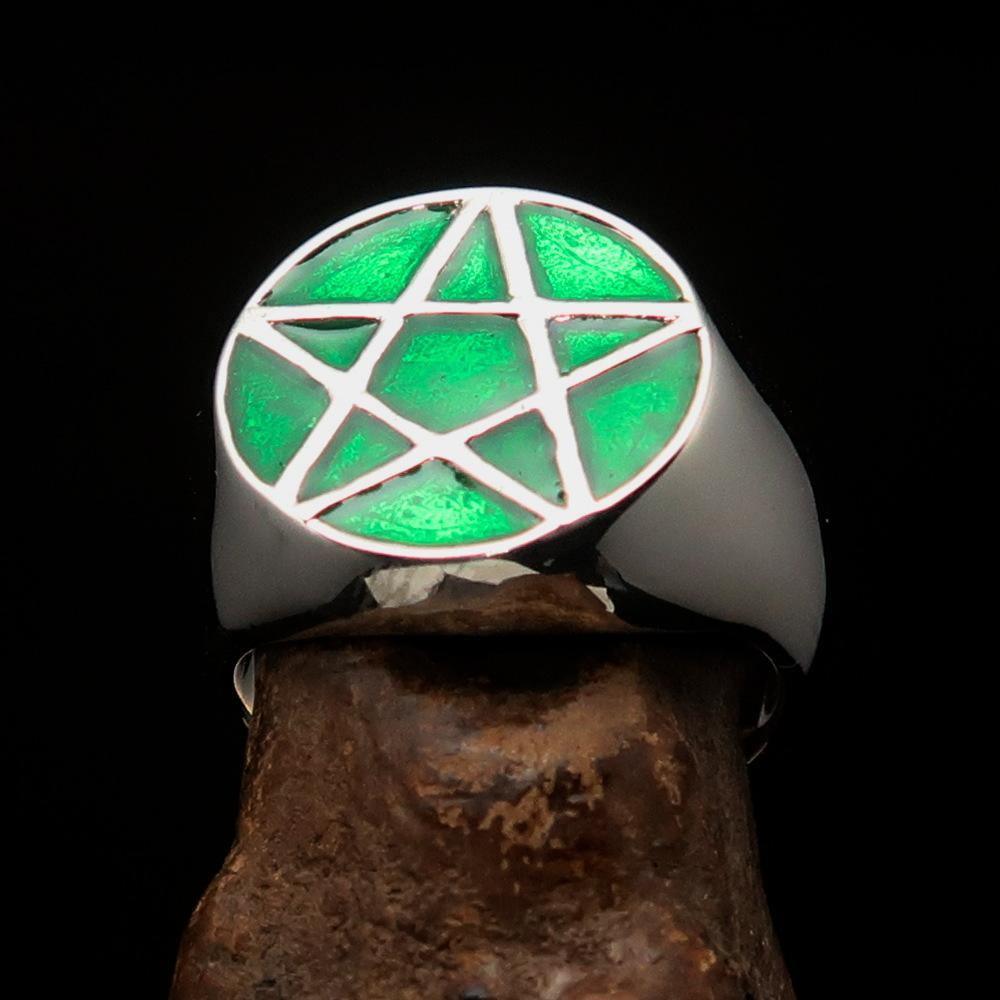 Perfectly crafted Men's Solid Line Pentagram Ring green - Sterling Silver