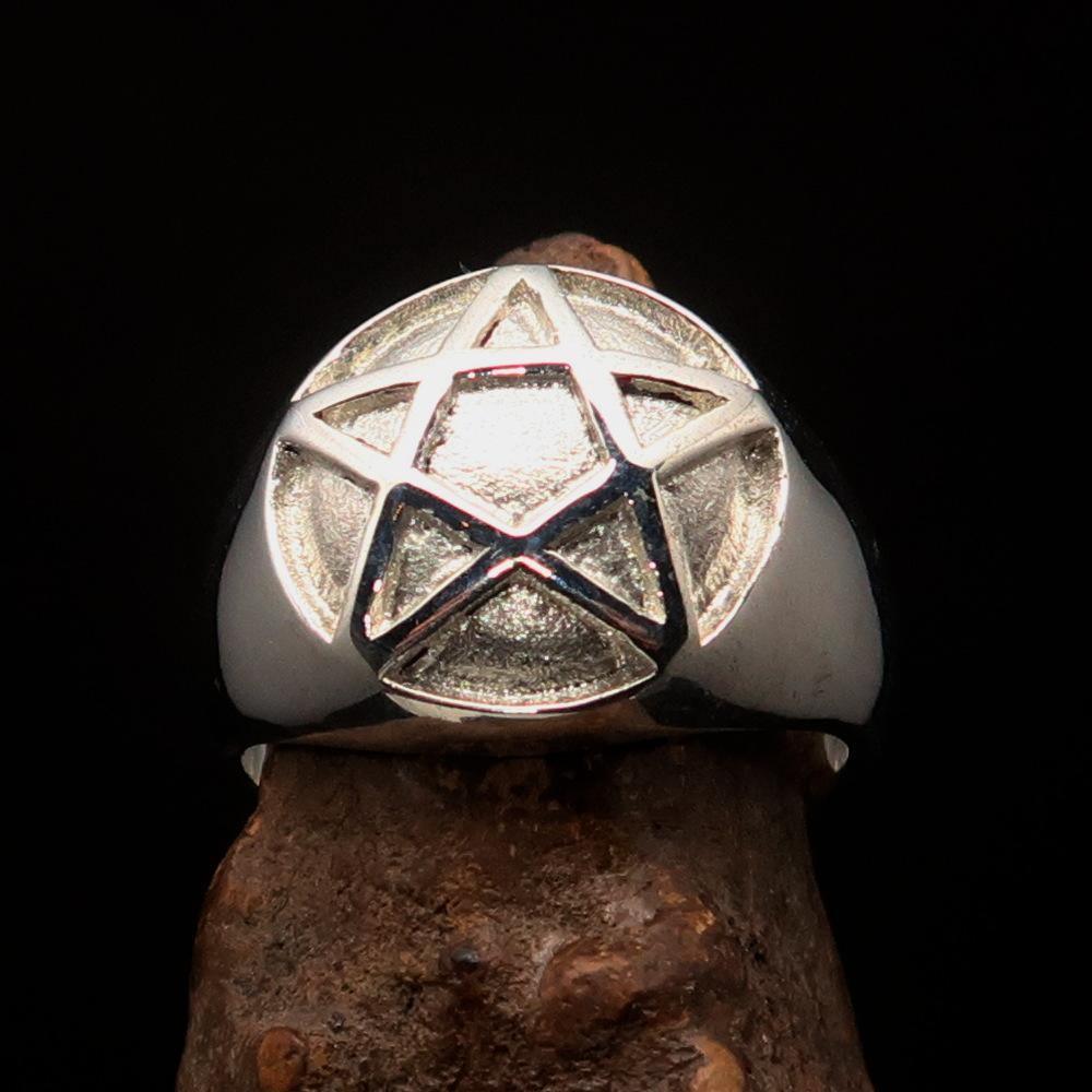 Perfectly domed Men's Two-Tone Matte Solid Line Pentagram Ring - Sterling Silver