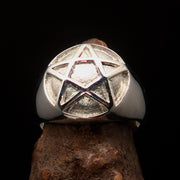 Perfectly domed Men's Two-Tone Matte Solid Line Pentagram Ring - Sterling Silver