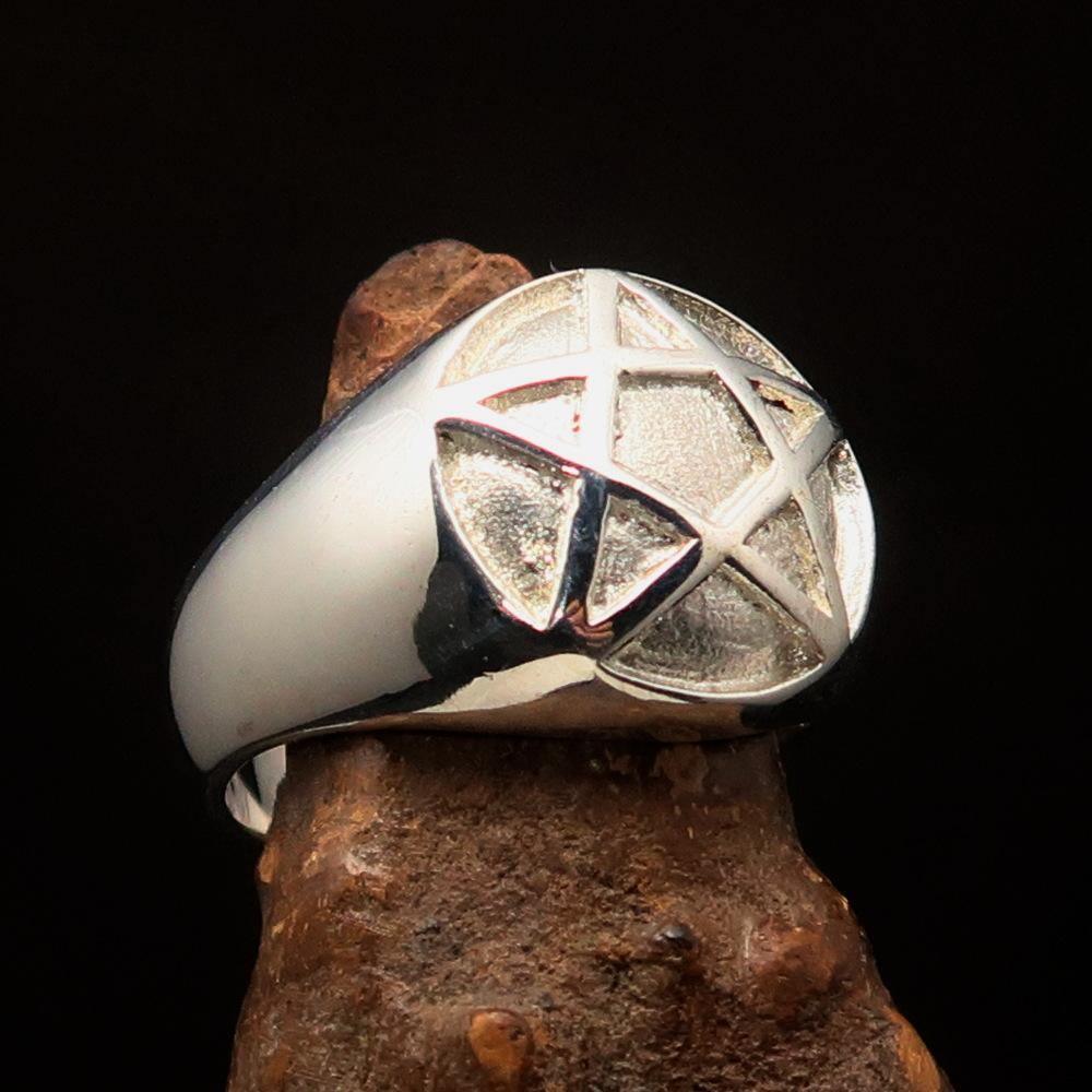 Perfectly domed Men's Two-Tone Matte Solid Line Pentagram Ring - Sterling Silver