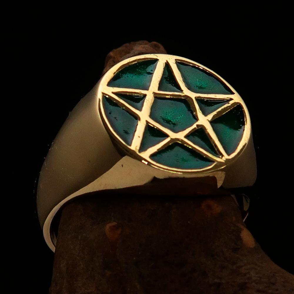 Perfectly crafted Men's Solid Line Pentagram Ring Green - Brass
