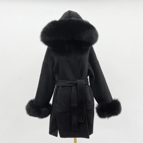 Oversized Fur Collar Hooded Double-Sided Wool Coat – Luxurious Warmth