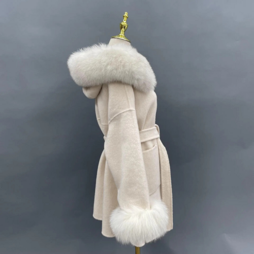 Oversized Fur Collar Hooded Double-Sided Wool Coat – Luxurious Warmth