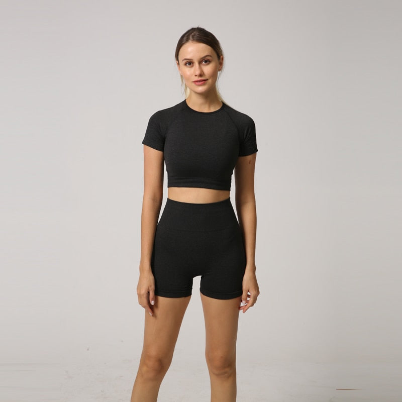 Seamless Women Yoga Set Crop Top Short Sleeve Shirt Fitness Shorts Workout Clothes For Women Gym Clothing Yoga Sport Set